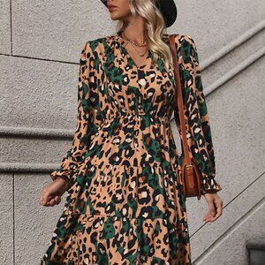 Perfee Leopard Notched Flounce Sleeve Midi Dress